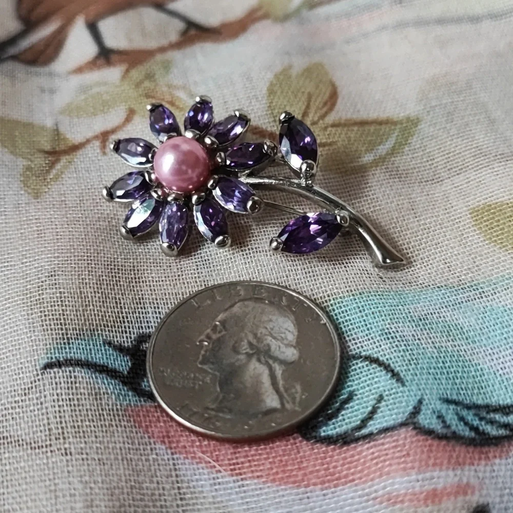 Amethyst Cubic Zirconia Purple Faux Pink Pearl Pin Brooch NEW